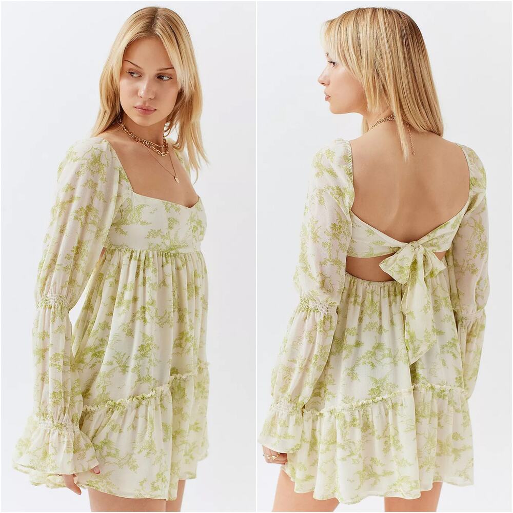 URBAN OUTFITTERS Lannette Green Toile Fairy Print Whimsy Elf Mini Dress Size XS - Picture 2 of 11